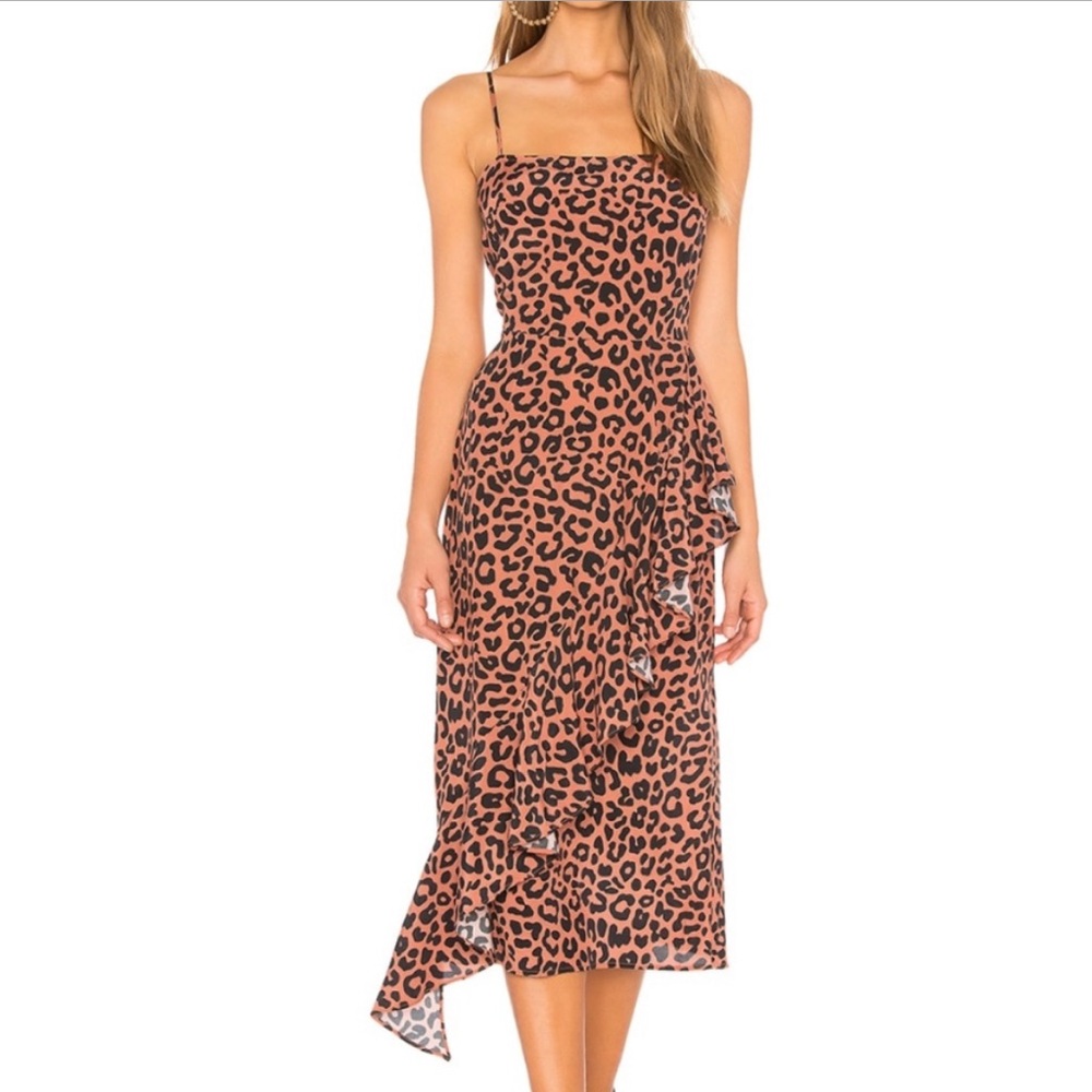 Lovers + Friends Ellie Leopard Print MIDI Ruffle Dress size small